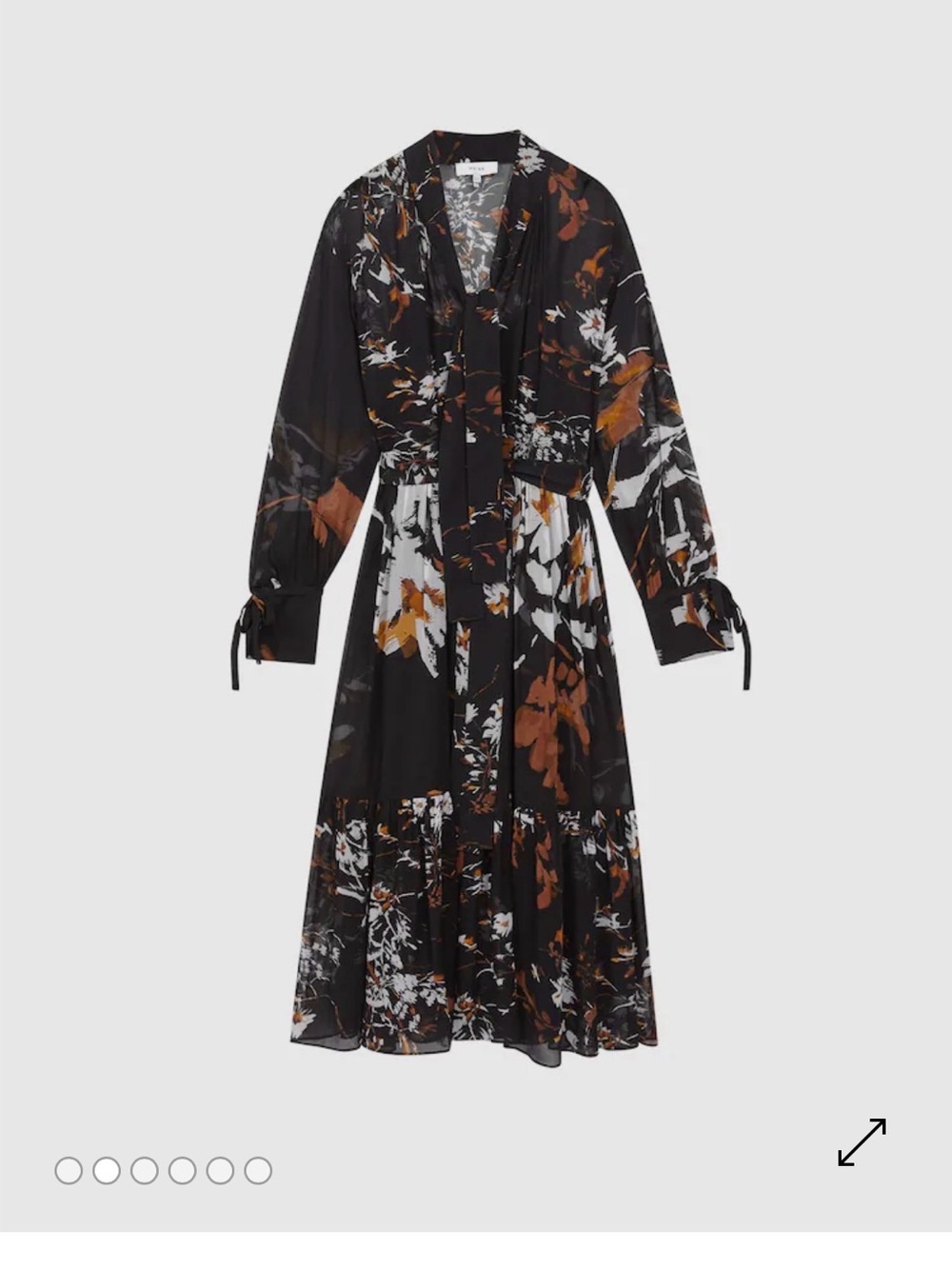 REISS Charolette Black Floral-Print Midi Dress with Rust Accents - Picture 4 of 10
